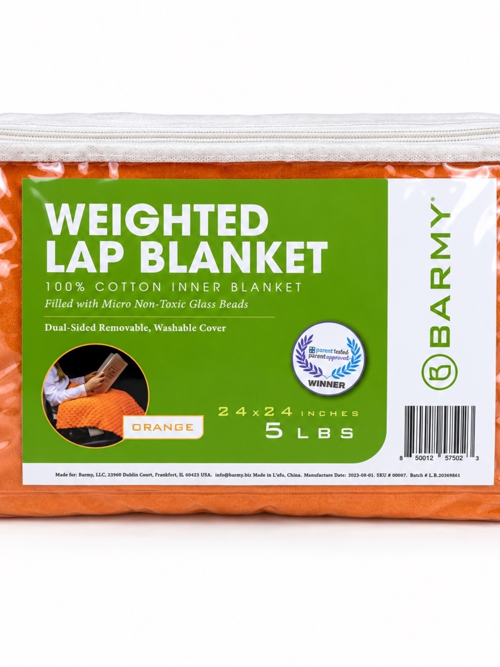 Barmy Weighted Lap Blanket 5 lb 24x24 Orange Washable Cover Carry Case